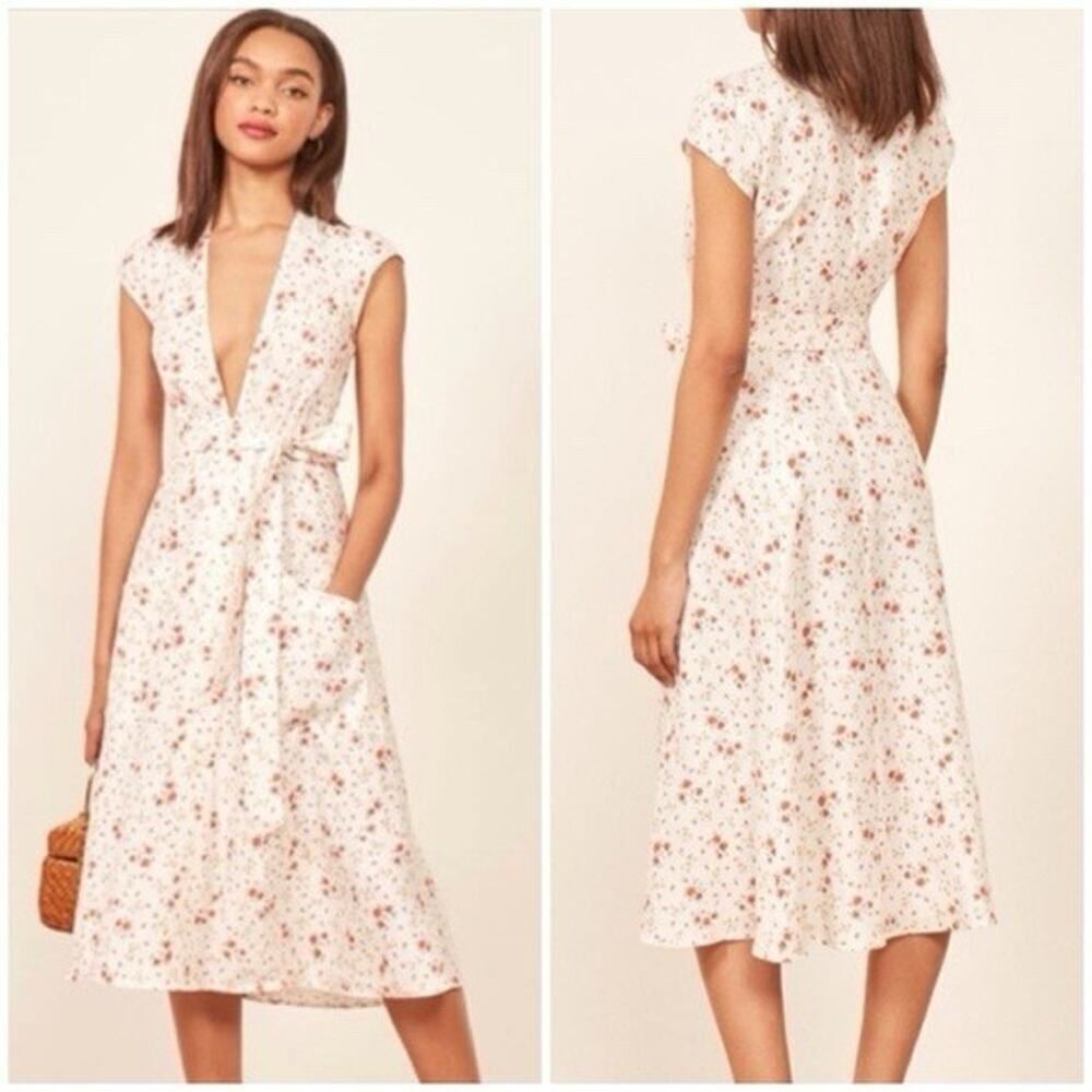 Reformation Bayu Dress White Floral Button Front Linen Midi Tie Belt Sz 6